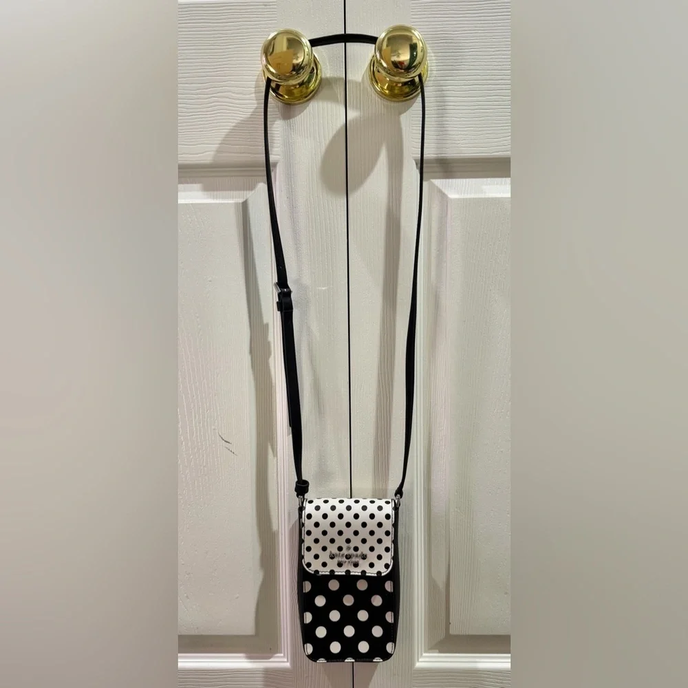 Kate Spade New York Black Leather W/polka Dots Small Crossbody Purse Magnetic